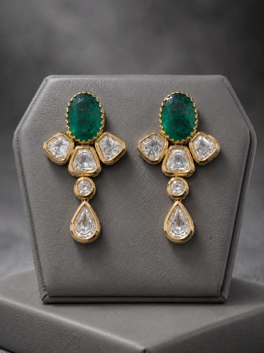 Premium Emerald Green and Kunden Drop Earrings , Gold- Plated Statement Earrings ideal for party, wedding and festival