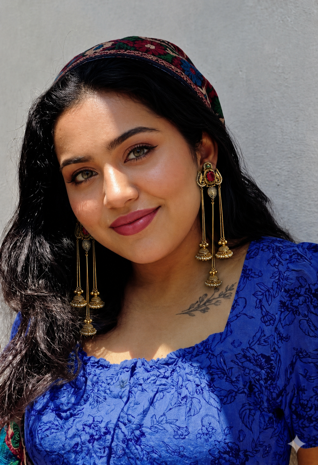 Premium Kashmiri style Dual tone, Anti tarnish, Long chain jhumkis with Ruby Stone