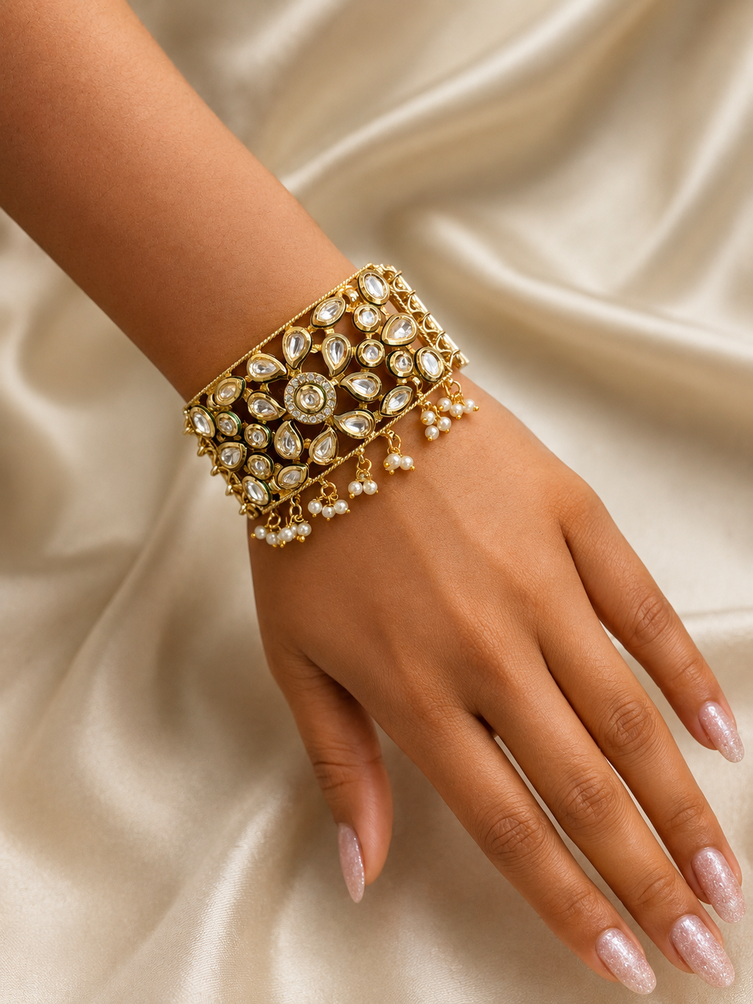 Premium Kundan Bracelet , Gold Plated, With Pearl Dangling ,Ethnic wrist wear for weddings , festivals and parties.