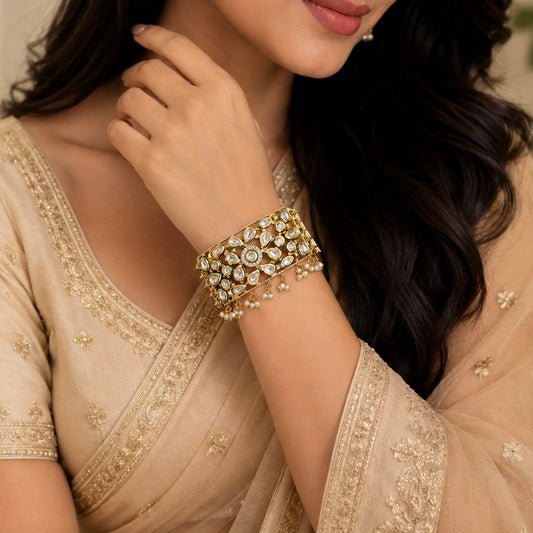 Premium Kundan Bracelet , Gold Plated, With Pearl Dangling ,Ethnic wrist wear for weddings , festivals and parties.