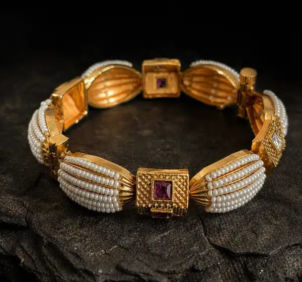 Premium Pearl & Stone Gold Tone Kada Bangles | Size 2.4