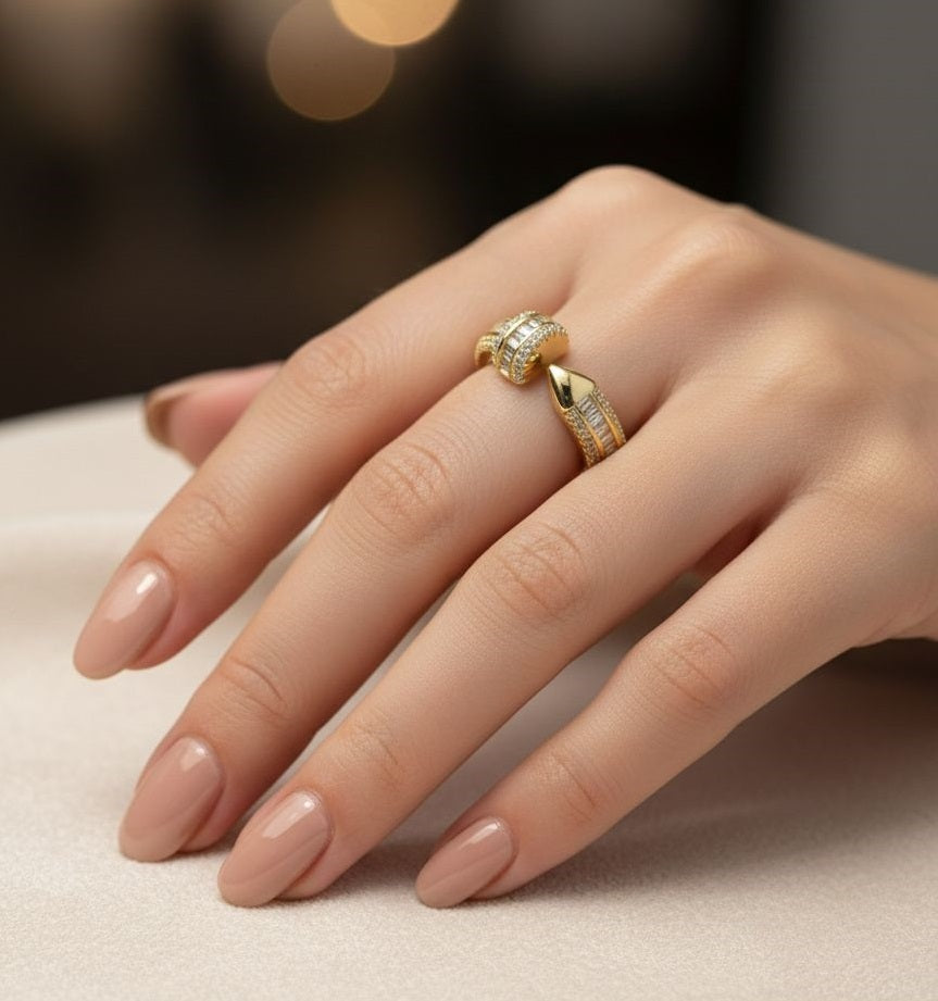 18K Gold Plated Baguette Diamond Bypass Ring | Adjustable Open Wrap Luxury Statement Ring For Women