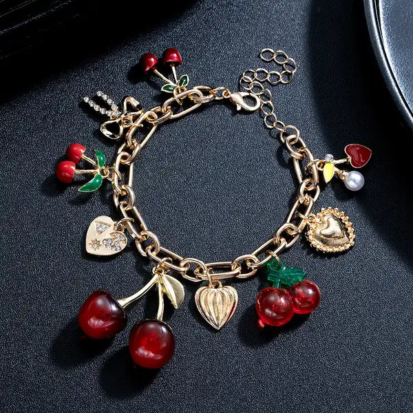 Red Cherry & Heart Charm Bracelet | Gold-Tone Y2K Aesthetic Jewelry