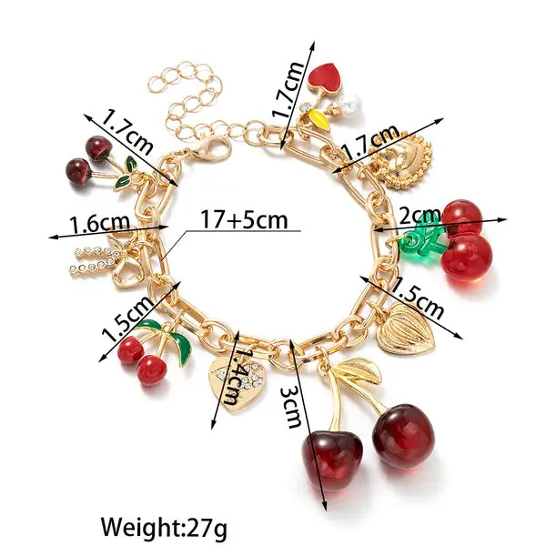 Red Cherry & Heart Charm Bracelet | Gold-Tone Y2K Aesthetic Jewelry