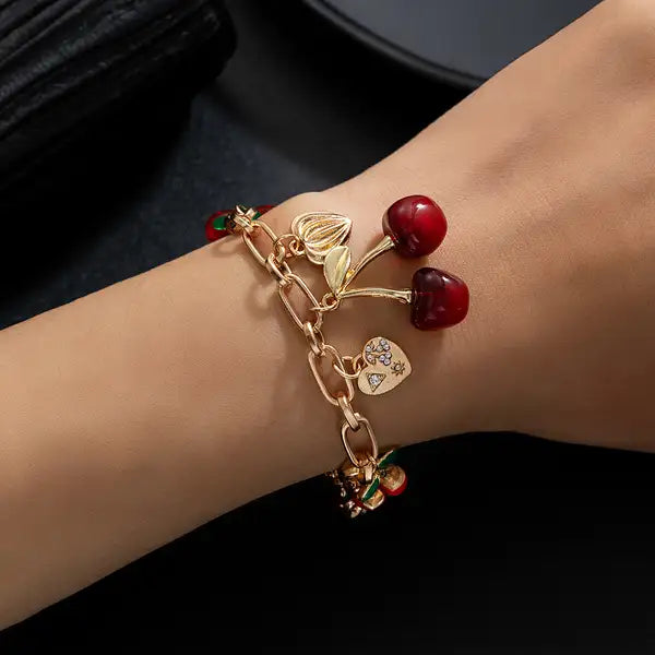 Red Cherry & Heart Charm Bracelet | Gold-Tone Y2K Aesthetic Jewelry