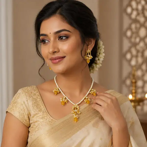 Royal Amber Pearl Drop Necklace Set | Gold-Tone Beaded Jewelry
