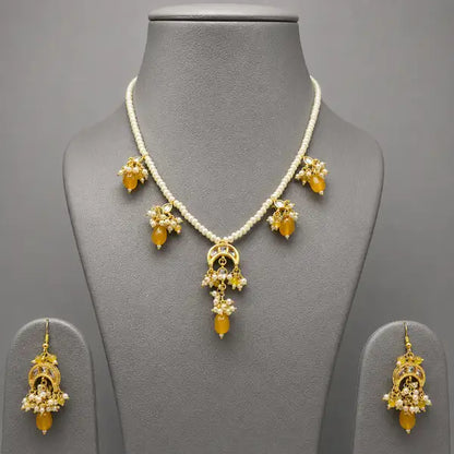 Royal Amber Pearl Drop Beaded Necklace Set - Gold Tone