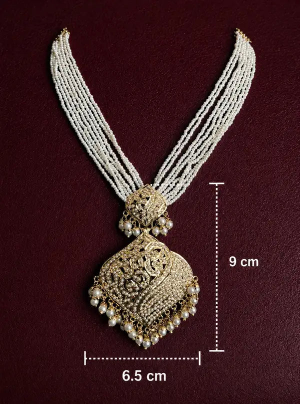 Royal Pearl Multi-Layer, Jadau Necklace Set with Gold-Tone Pendant & Matching Earrings with Ear chain | Traditional Wedding Jewellery for Women