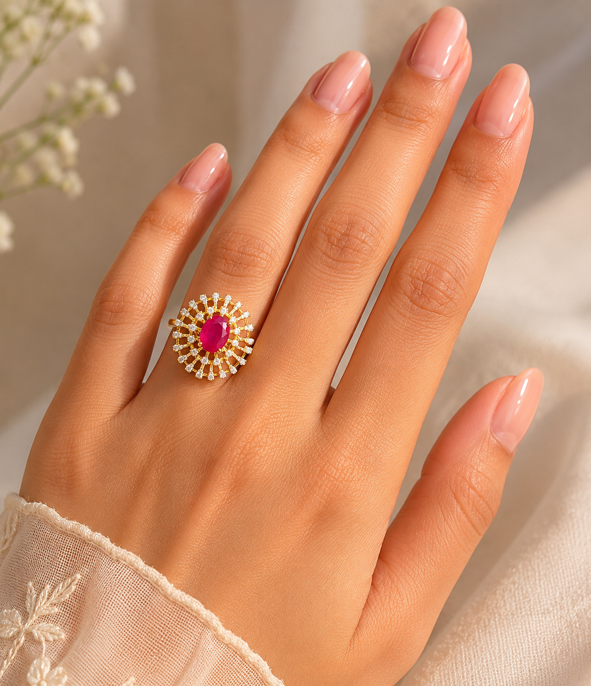 Royal Ruby Gold Statement Ring – Elegant CZ Designer Cocktail Ring for Women