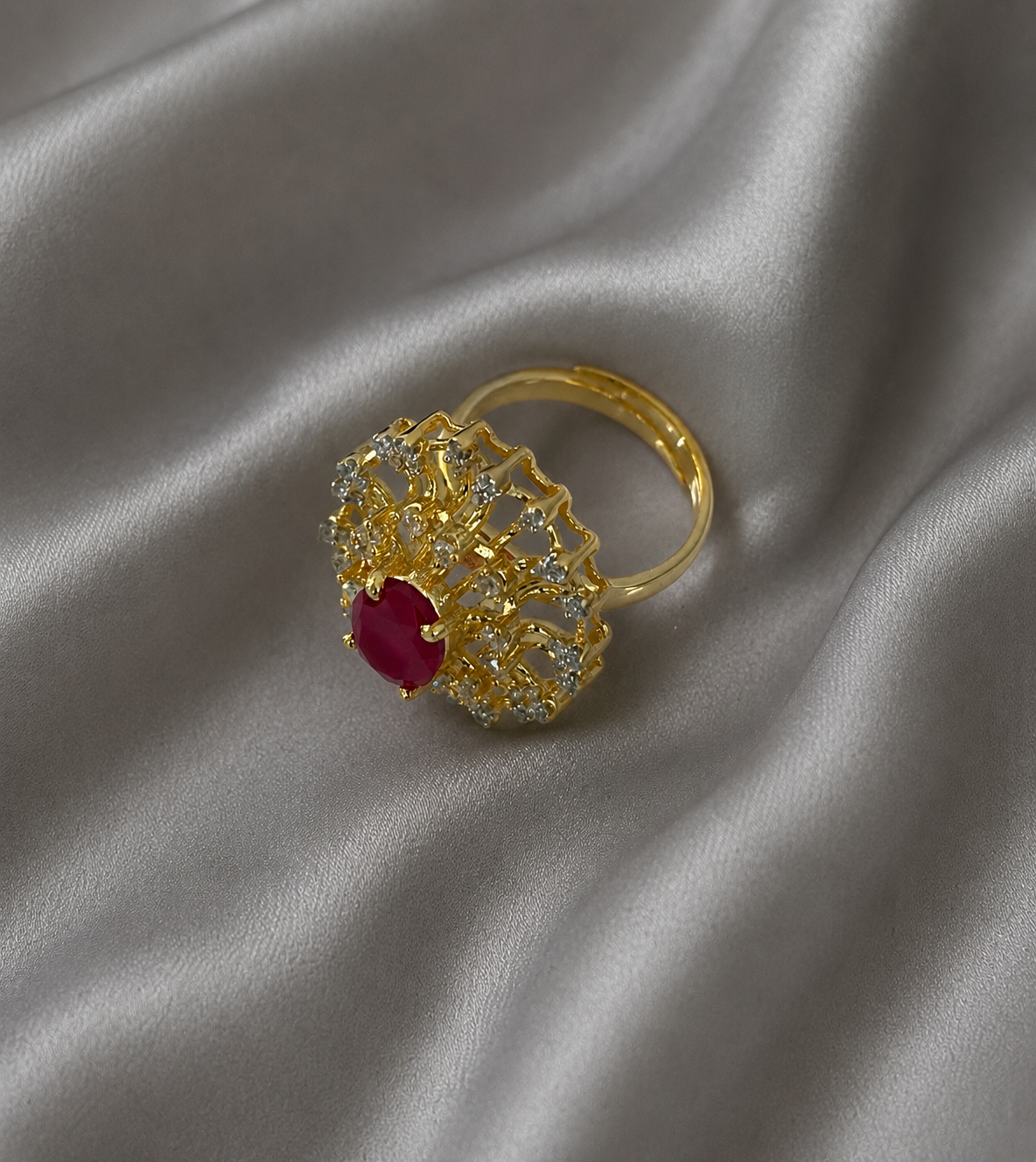 Royal Ruby Gold Statement Ring – Elegant CZ Designer Cocktail Ring for Women