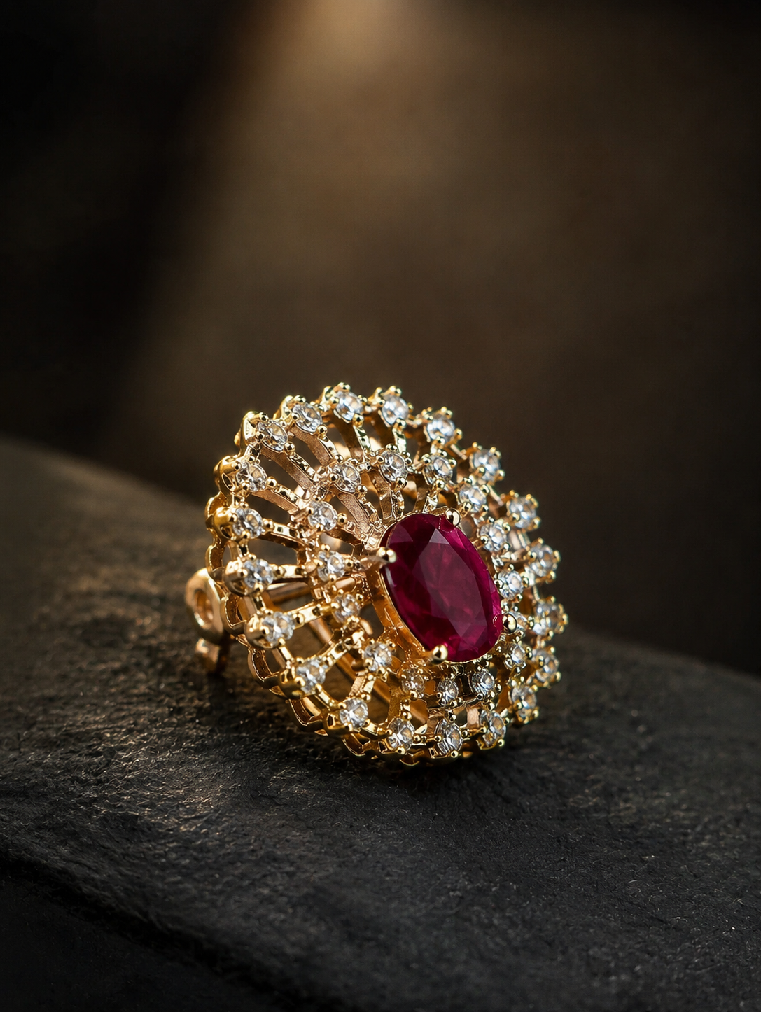 Royal Ruby Gold Statement Ring – Elegant CZ Designer Cocktail Ring for Women