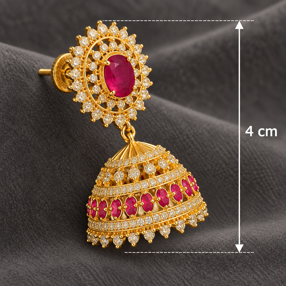 Premium Ruby & American Diamond CZ Gold-Toned Brass Jhumka Earrings for Festive Wear