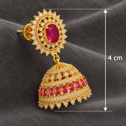 Premium Ruby & American Diamond CZ Gold-Toned Brass Jhumka Earrings for Festive Wear