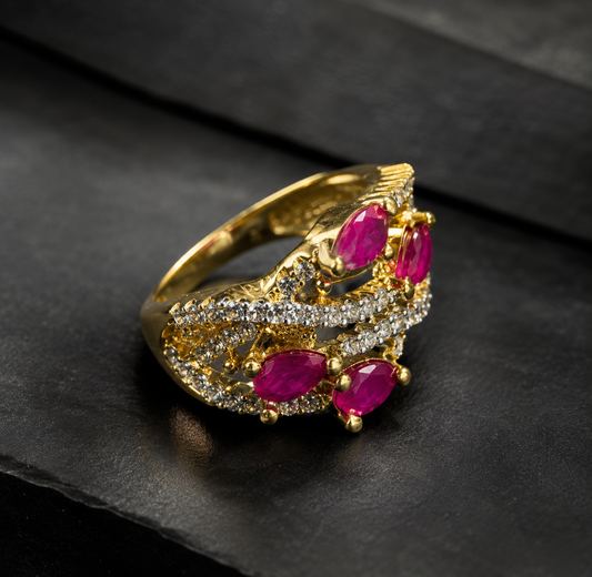 Ruby Pink Pear Cut CZ Multi-Band Statement Ring for Women | Gold Plated Criss-Cross Cocktail Ring | Adjustable Luxury Fashion Jewelry