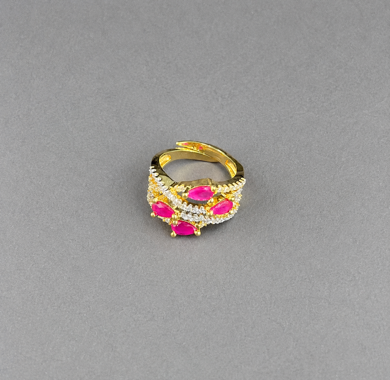 Ruby Pink Pear Cut CZ Multi-Band Statement Ring for Women | Gold Plated Criss-Cross Cocktail Ring | Adjustable Luxury Fashion Jewelry