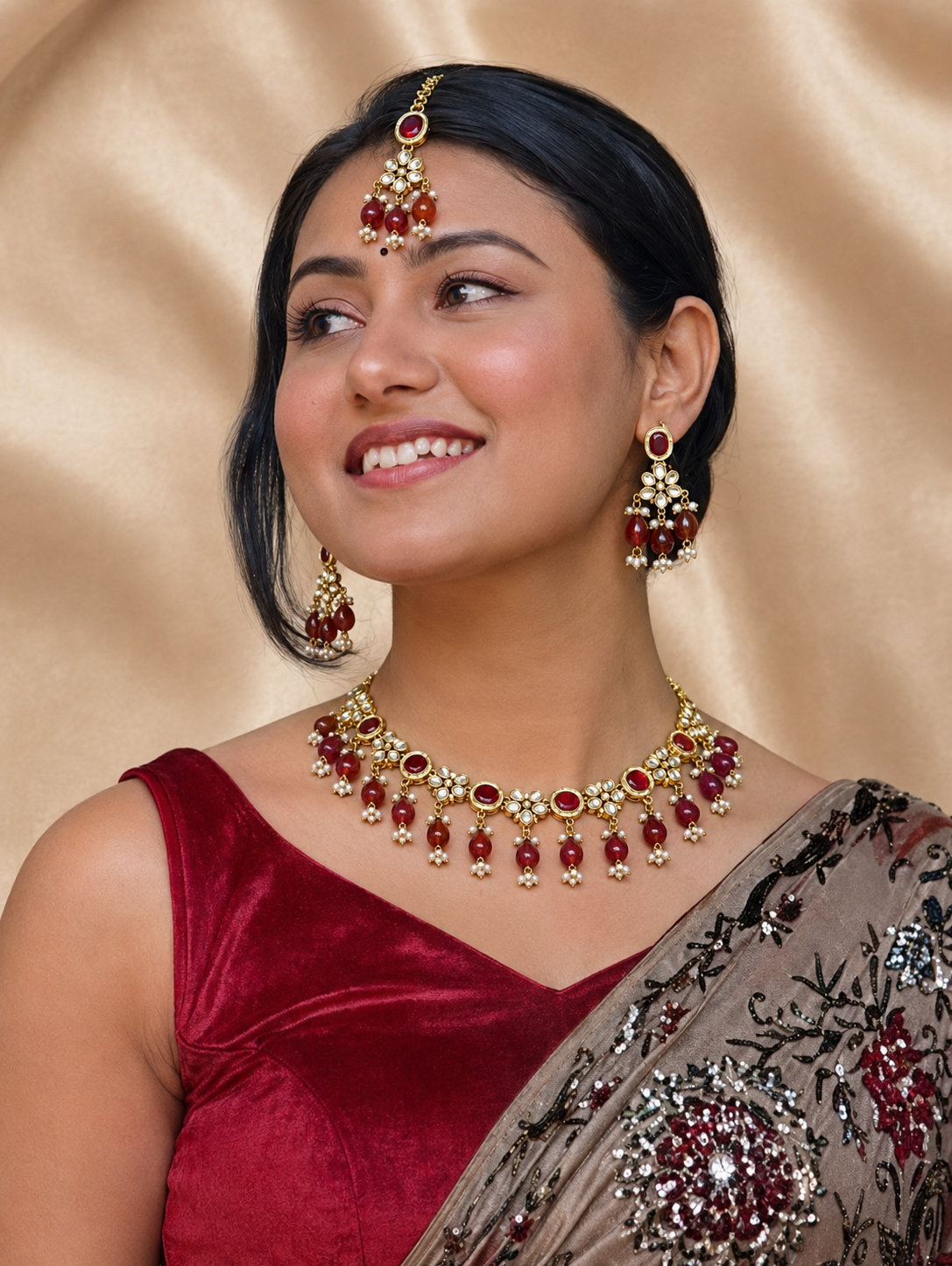 Royal Ruby Kundan Polki Choker Earring And Maang Tikka Set