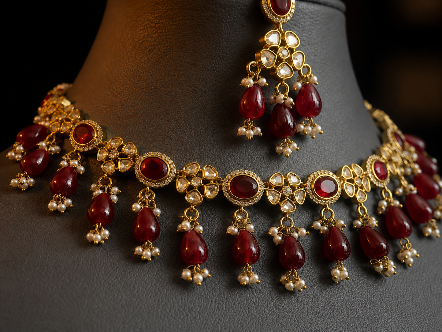 Royal Ruby Kundan Polki Choker Earring And Maang Tikka Set