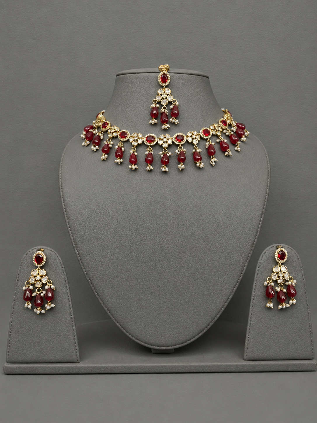 Royal Ruby Kundan Polki Choker Earring And Maang Tikka Set