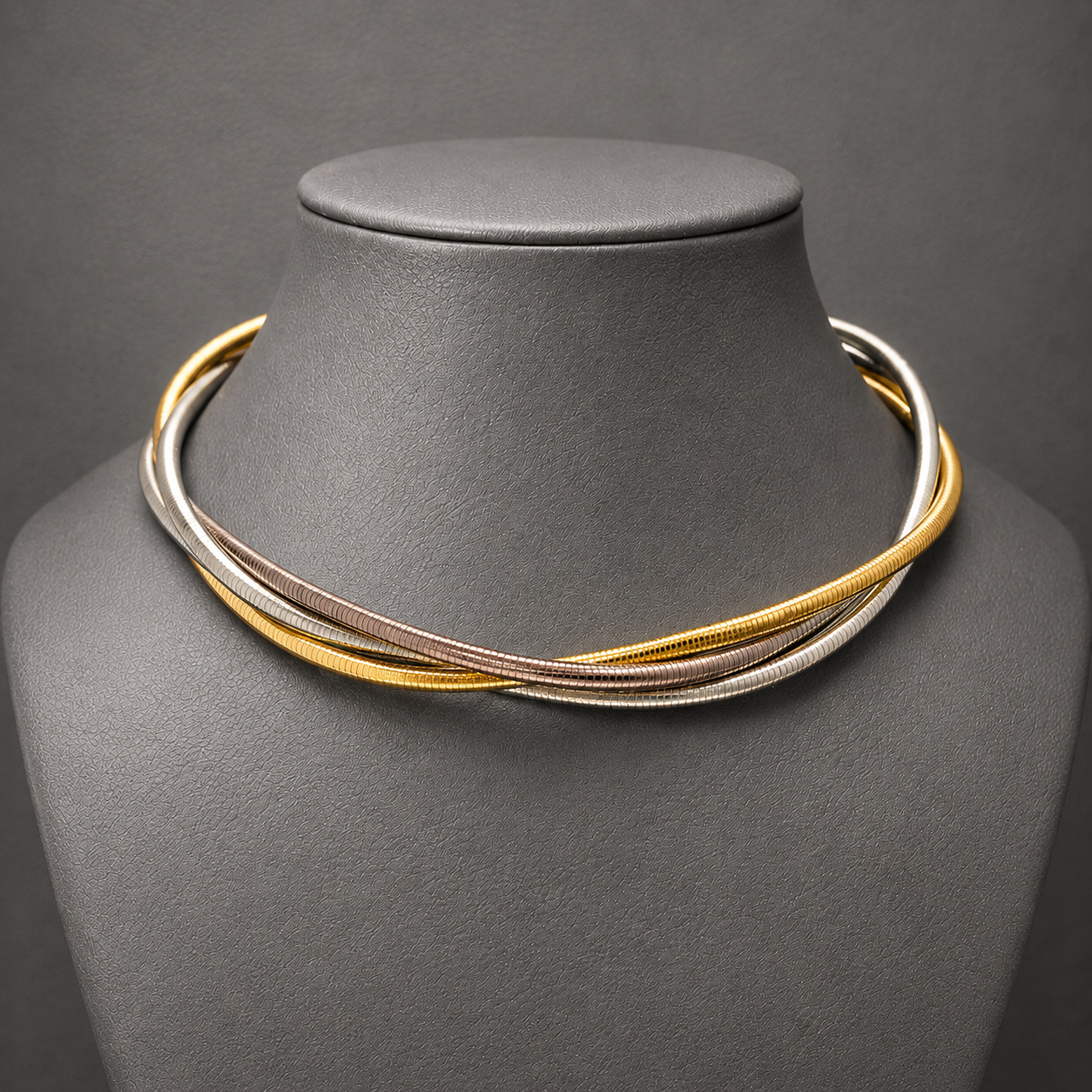 Luxury Tri Tone Tubogas Collar Necklace | Intertwined Gold Silver And Gunmetal Statement Jewelry