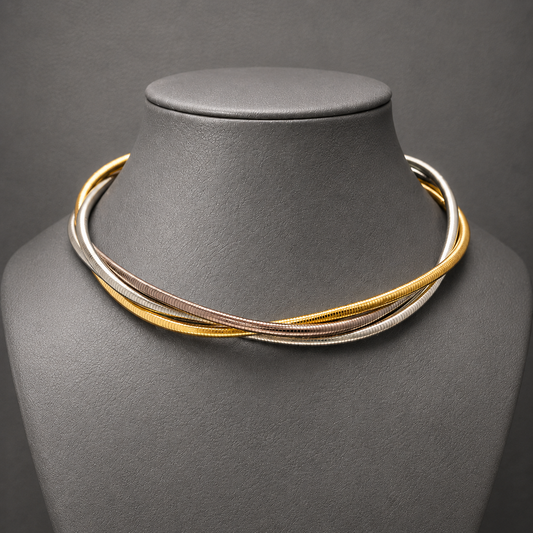 Luxury Tri Tone Tubogas Collar Necklace | Intertwined Gold Silver And Gunmetal Statement Jewelry