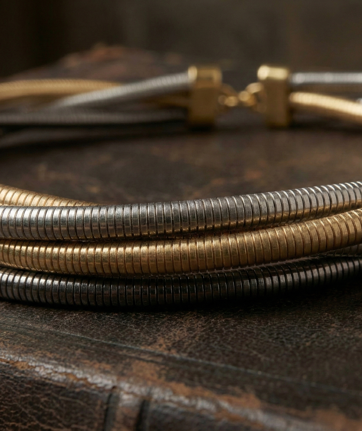 Luxury Tri Tone Tubogas Collar Necklace | Intertwined Gold Silver And Gunmetal Statement Jewelry