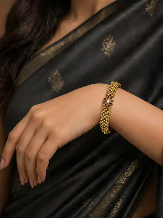 Traditional Ruby & Kundan Kada Set | Brass & Copper Bangles (Size 2/6)
