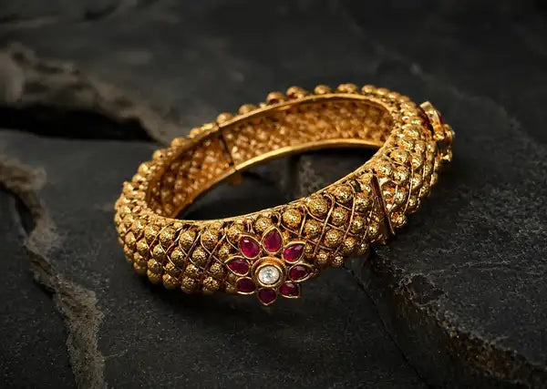 Traditional Brass & copper mix Bangles (kada) Set with Ruby & Kundan Ethnic Jewelry  (size- 2/6)
