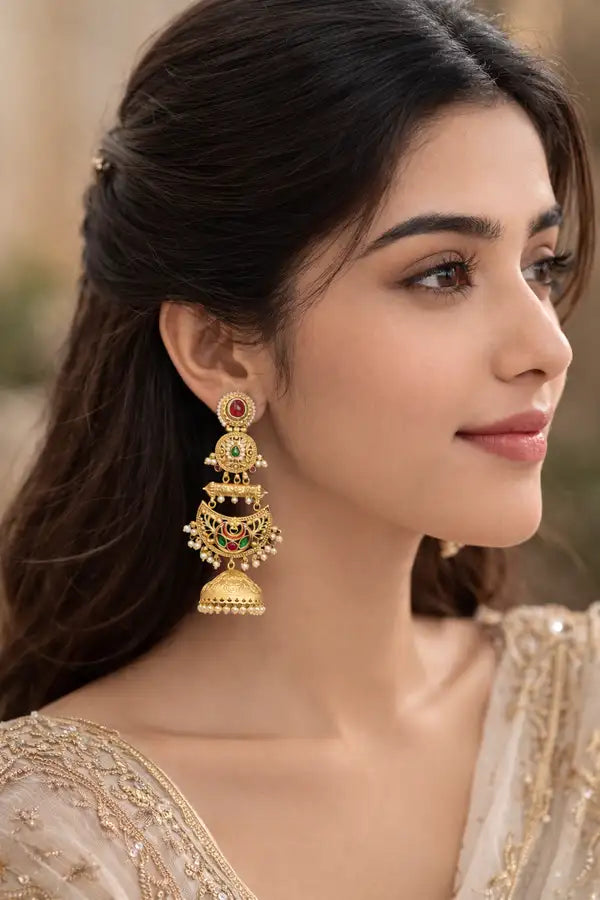 Traditional Gold Jhumka Earrings with Pearl Drops & Kundan Stones | Bridal Temple Jewelry
