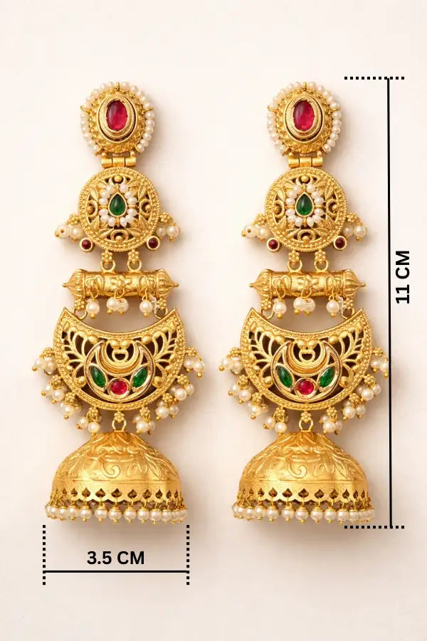 Traditional Gold Jhumka Earrings with Pearl Drops & Kundan Stones | Bridal Temple Jewelry