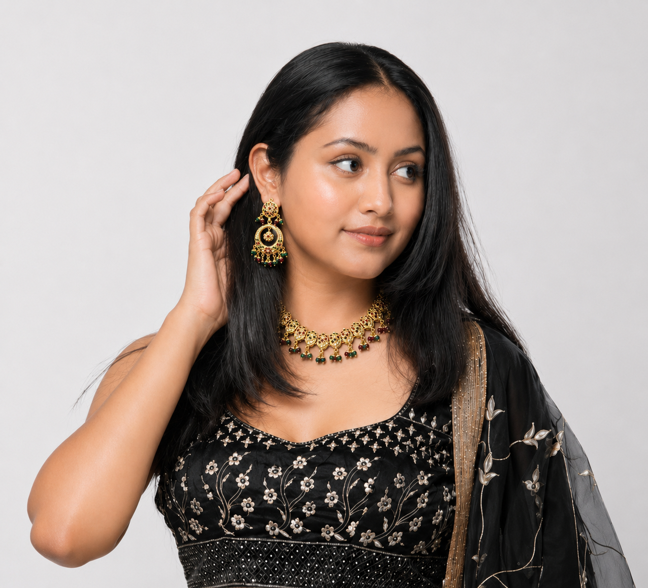 Traditional Jadau Necklace Set with Red & Green Stones and Pearl Embellishments