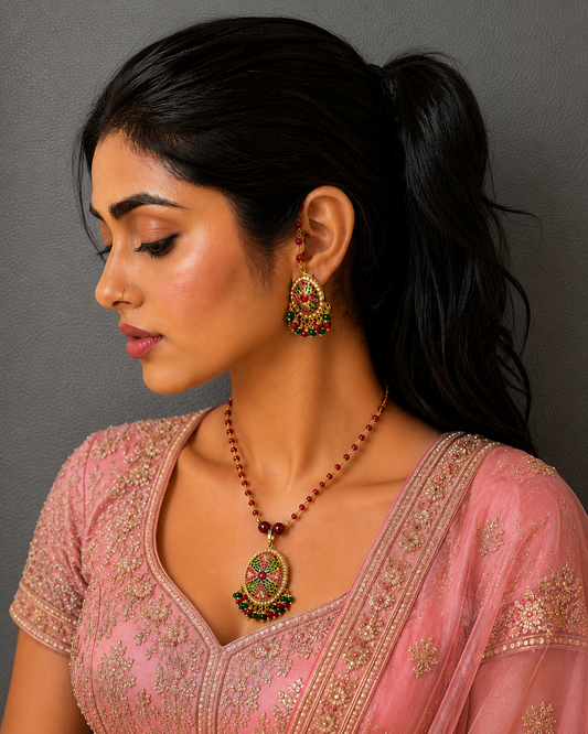 Traditional Jadau Pendant and Earring Set with Red Crystal Chain. Suitable for all occasions Wedding to daily wear
