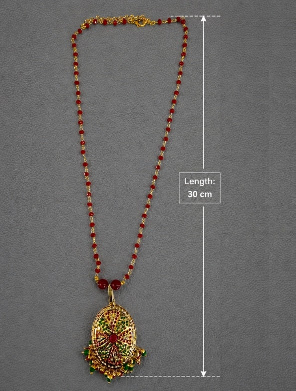 Traditional Jadau Pendant and Earring Set with Red Crystal Chain. Suitable for all occasions Wedding to daily wear
