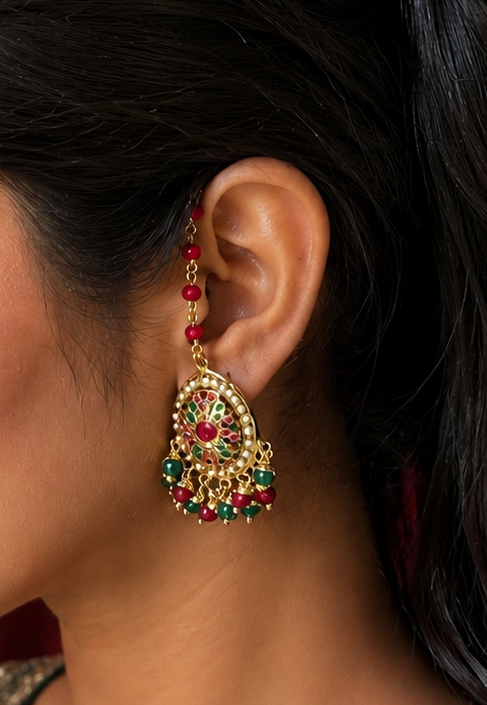 Traditional Jadau Pendant and Earring Set with Red Crystal Chain. Suitable for all occasions Wedding to daily wear