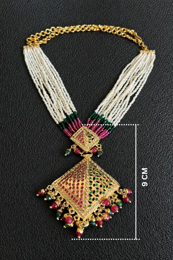Traditional Kundan Gold Plated Pearl Necklace with Red & Green Beads Pendant