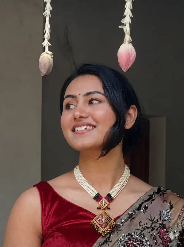 Traditional Kundan Gold Plated Pearl Necklace with Red & Green Beads Pendant