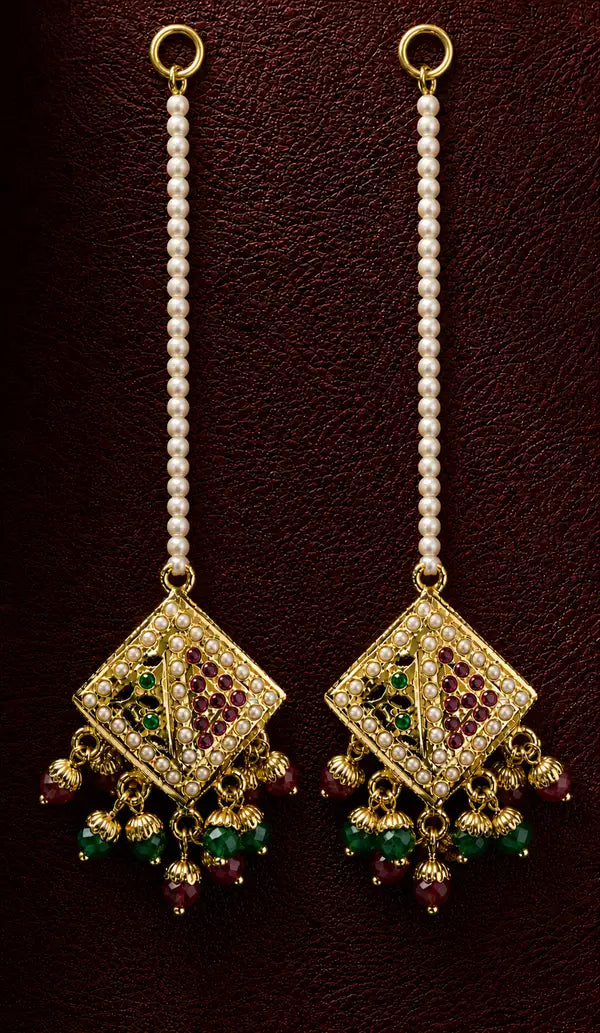 Traditional Kundan Gold Plated Pearl Necklace with Red & Green Beads Pendant