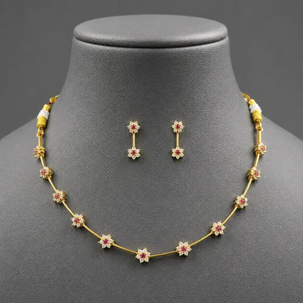 Traditional Ruby Floral Gold Plated Necklace Set for Women | American Diamond (AD) Floral Chain Necklace with Matching Stud Earrings | Elegant and delicate for all occasions