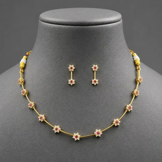 Traditional Ruby Floral Gold Plated Necklace Set for Women | American Diamond (AD) Floral Chain Necklace with Matching Stud Earrings | Elegant and delicate for all occasions