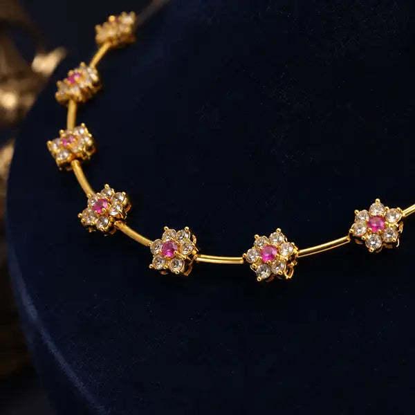 Traditional Ruby Floral Gold Plated Necklace Set for Women | American Diamond (AD) Floral Chain Necklace with Matching Stud Earrings | Elegant and delicate for all occasions