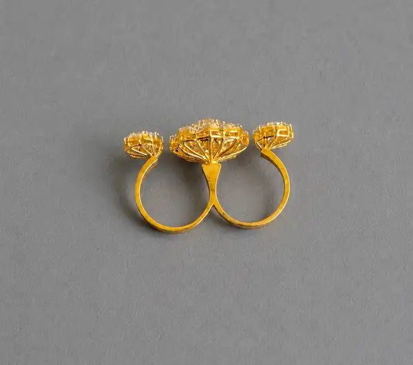 Triple Floral Gold-Plated Two-Finger Ring | AD Cocktail Ring