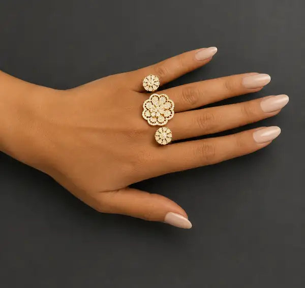 Triple Floral Gold-Plated Two-Finger Ring | AD Cocktail Ring