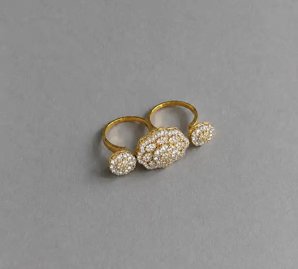 Triple Floral Gold-Plated Two-Finger Ring | AD Cocktail Ring