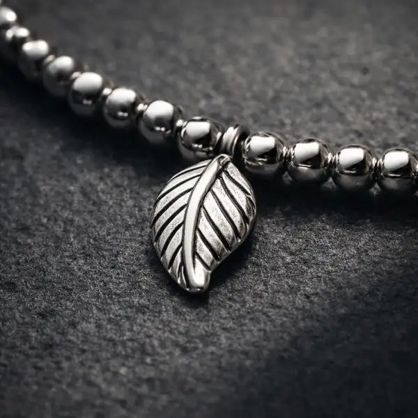 Minimal Oxidized Silver Leaf Charm Anklet | Boho Beaded Everyday Wear Payal | Set Of 2