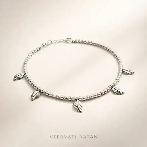 Minimal Oxidized Silver Leaf Charm Anklet | Boho Beaded Everyday Wear Payal | Set Of 2