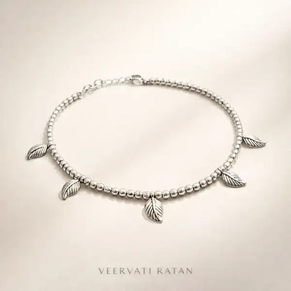 Minimal Oxidized Silver Leaf Charm Anklet (Set of 2)