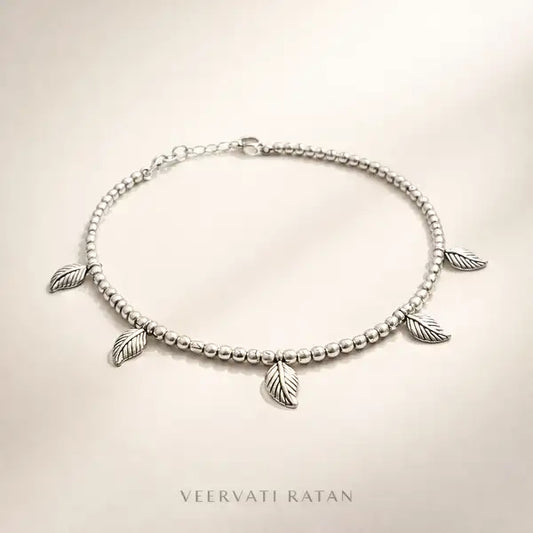Minimal Oxidized Silver Leaf Charm Anklet | Boho Beaded Everyday Wear Payal | Set Of 2