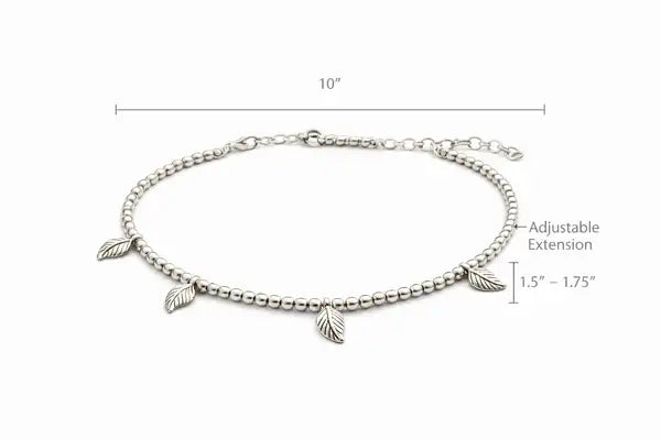 Minimal Oxidized Silver Leaf Charm Anklet | Boho Beaded Everyday Wear Payal | Set Of 2