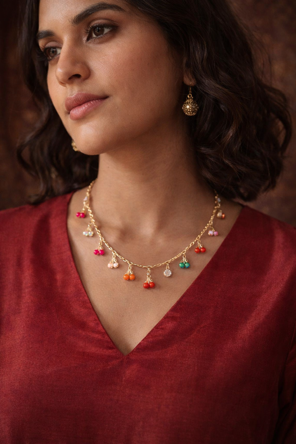 Colorful Cherry Charm Gold Plated Necklace