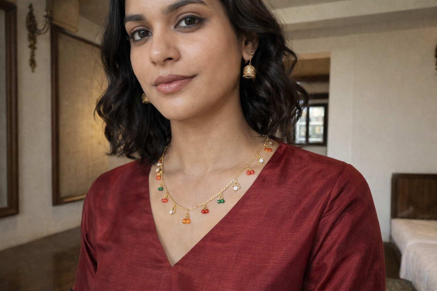 Colorful Cherry Charm Gold Plated Necklace