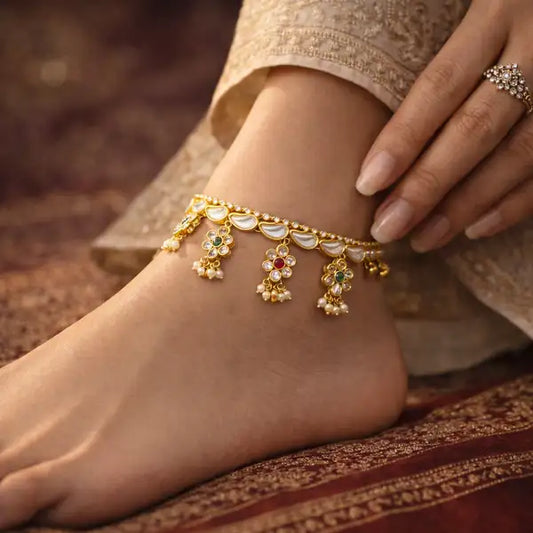 Traditional Kundan Meenakari Floral Anklet | Pearl Drop Payal